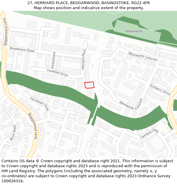 27, HERRIARD PLACE, BEGGARWOOD, BASINGSTOKE, RG22 4FR: Location map and indicative extent of plot