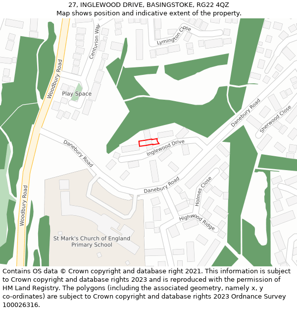 27, INGLEWOOD DRIVE, BASINGSTOKE, RG22 4QZ: Location map and indicative extent of plot