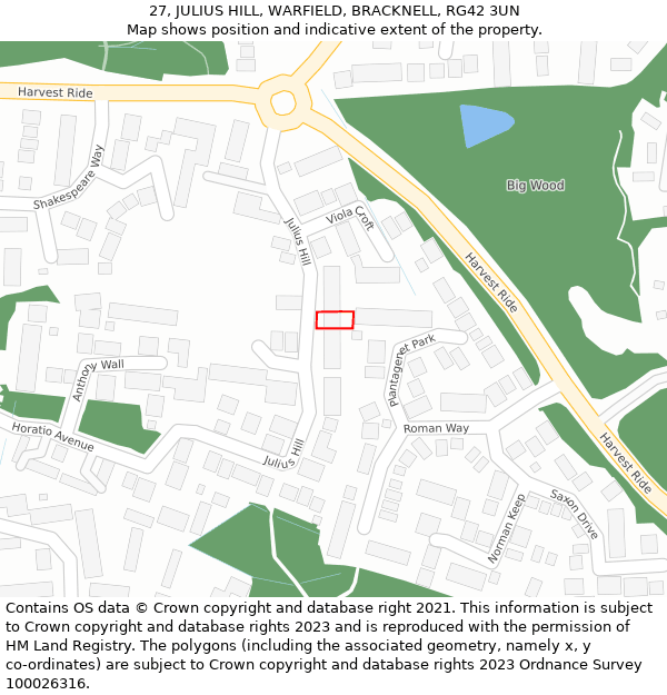 27, JULIUS HILL, WARFIELD, BRACKNELL, RG42 3UN: Location map and indicative extent of plot