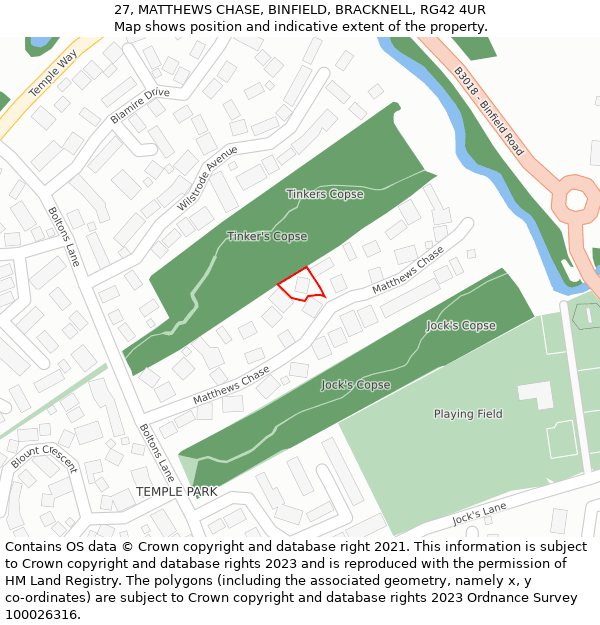 27, MATTHEWS CHASE, BINFIELD, BRACKNELL, RG42 4UR: Location map and indicative extent of plot