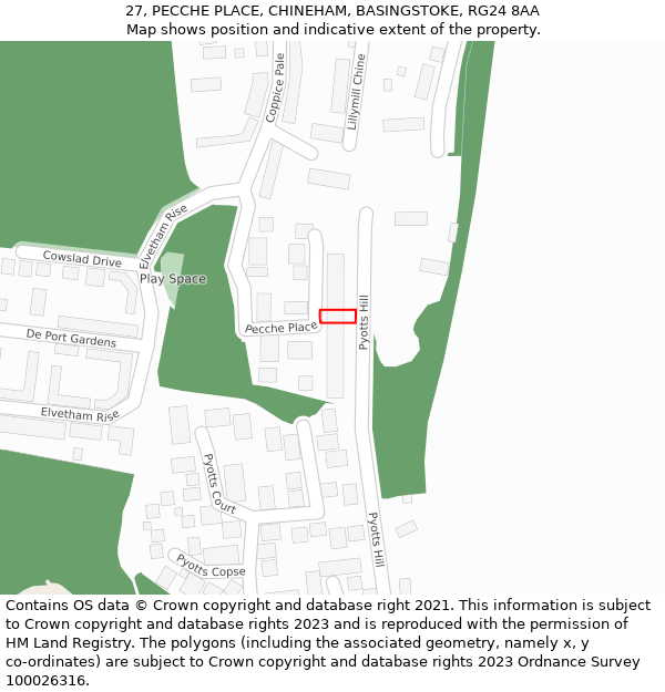 27, PECCHE PLACE, CHINEHAM, BASINGSTOKE, RG24 8AA: Location map and indicative extent of plot