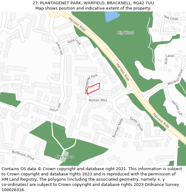 27, PLANTAGENET PARK, WARFIELD, BRACKNELL, RG42 7UU: Location map and indicative extent of plot