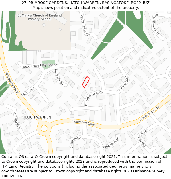 27, PRIMROSE GARDENS, HATCH WARREN, BASINGSTOKE, RG22 4UZ: Location map and indicative extent of plot