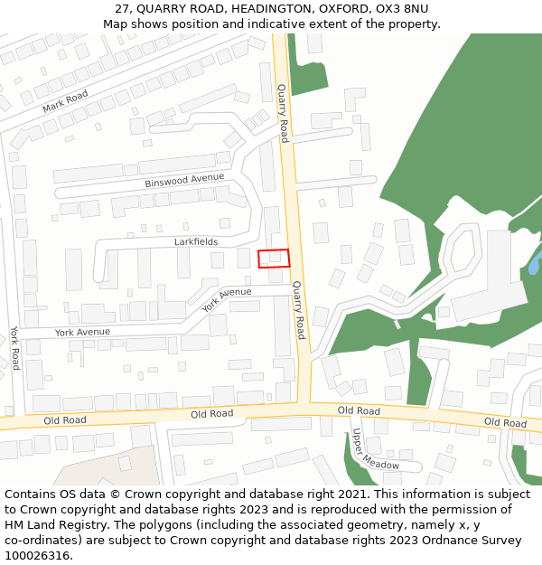 27, QUARRY ROAD, HEADINGTON, OXFORD, OX3 8NU: Location map and indicative extent of plot