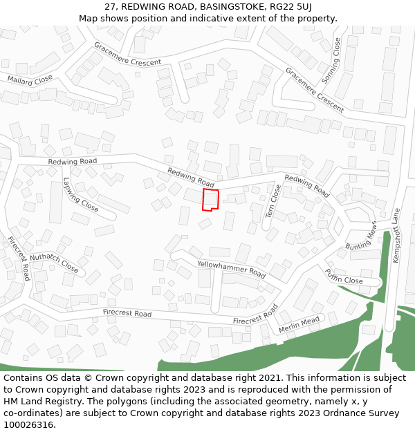 27, REDWING ROAD, BASINGSTOKE, RG22 5UJ: Location map and indicative extent of plot