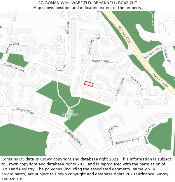 27, ROMAN WAY, WARFIELD, BRACKNELL, RG42 7UT: Location map and indicative extent of plot