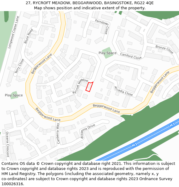 27, RYCROFT MEADOW, BEGGARWOOD, BASINGSTOKE, RG22 4QE: Location map and indicative extent of plot