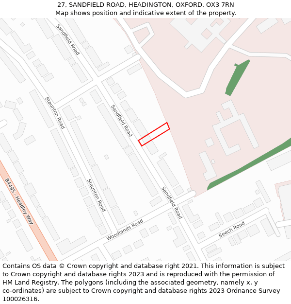 27, SANDFIELD ROAD, HEADINGTON, OXFORD, OX3 7RN: Location map and indicative extent of plot