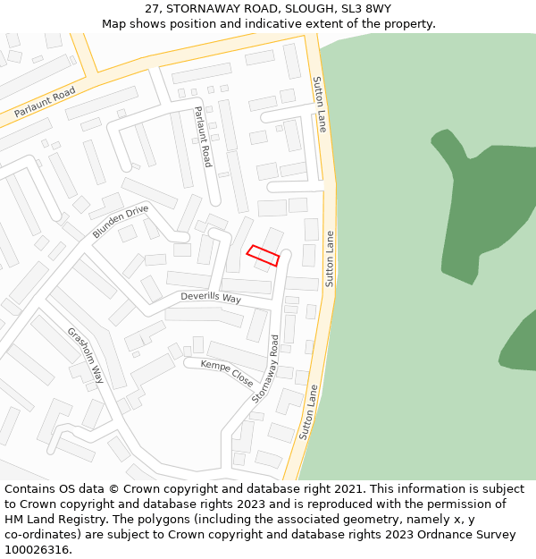 27, STORNAWAY ROAD, SLOUGH, SL3 8WY: Location map and indicative extent of plot
