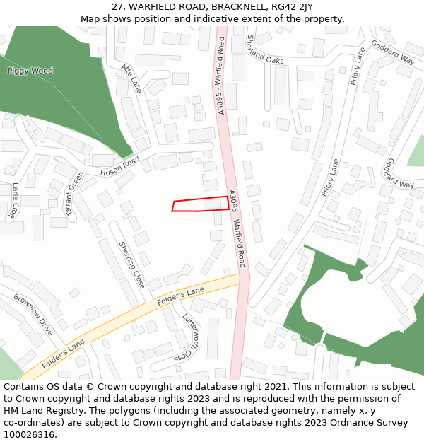 27, WARFIELD ROAD, BRACKNELL, RG42 2JY: Location map and indicative extent of plot