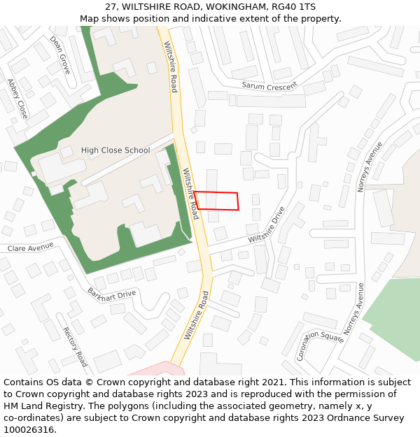 27, WILTSHIRE ROAD, WOKINGHAM, RG40 1TS: Location map and indicative extent of plot