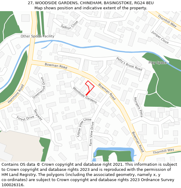 27, WOODSIDE GARDENS, CHINEHAM, BASINGSTOKE, RG24 8EU: Location map and indicative extent of plot