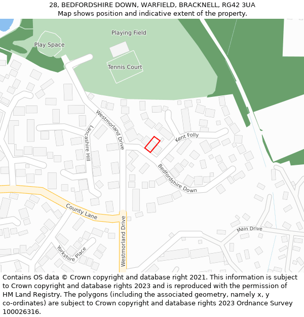 28, BEDFORDSHIRE DOWN, WARFIELD, BRACKNELL, RG42 3UA: Location map and indicative extent of plot