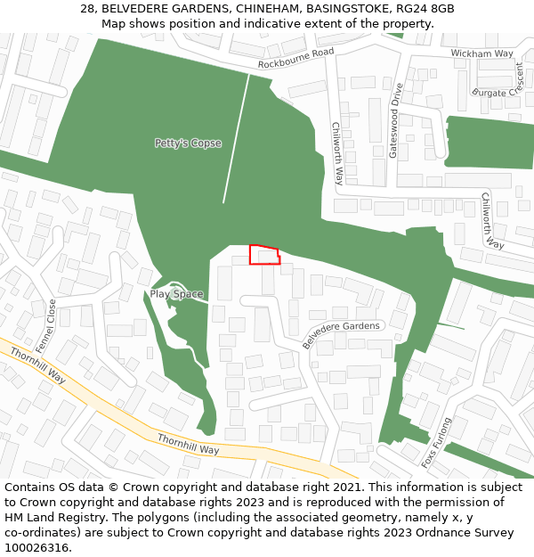 28, BELVEDERE GARDENS, CHINEHAM, BASINGSTOKE, RG24 8GB: Location map and indicative extent of plot