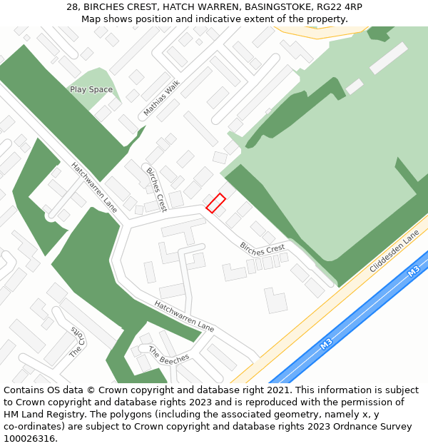 28, BIRCHES CREST, HATCH WARREN, BASINGSTOKE, RG22 4RP: Location map and indicative extent of plot