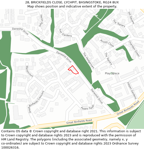 28, BRICKFIELDS CLOSE, LYCHPIT, BASINGSTOKE, RG24 8UX: Location map and indicative extent of plot