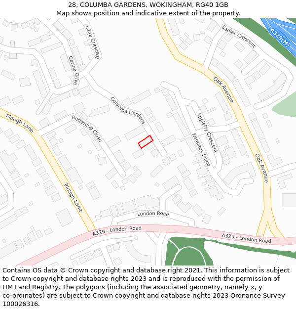 28, COLUMBA GARDENS, WOKINGHAM, RG40 1GB: Location map and indicative extent of plot