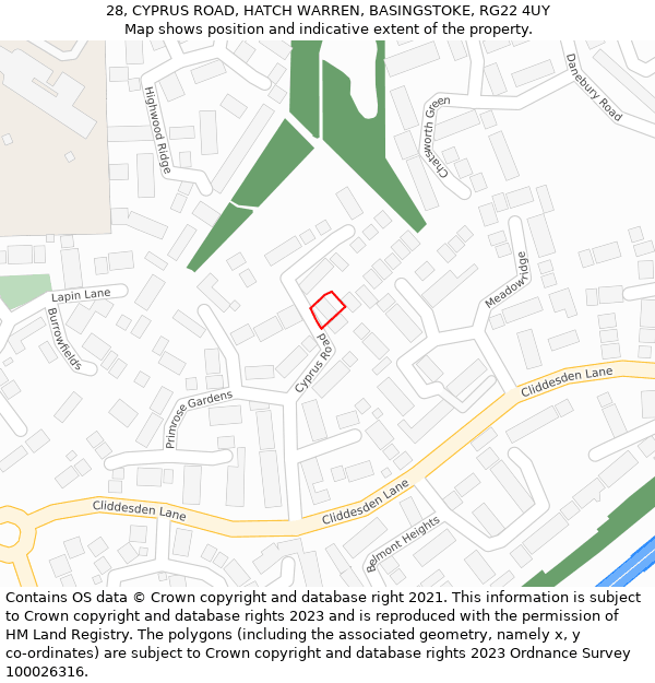 28, CYPRUS ROAD, HATCH WARREN, BASINGSTOKE, RG22 4UY: Location map and indicative extent of plot