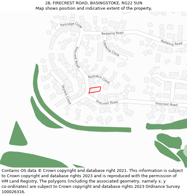28, FIRECREST ROAD, BASINGSTOKE, RG22 5UN: Location map and indicative extent of plot