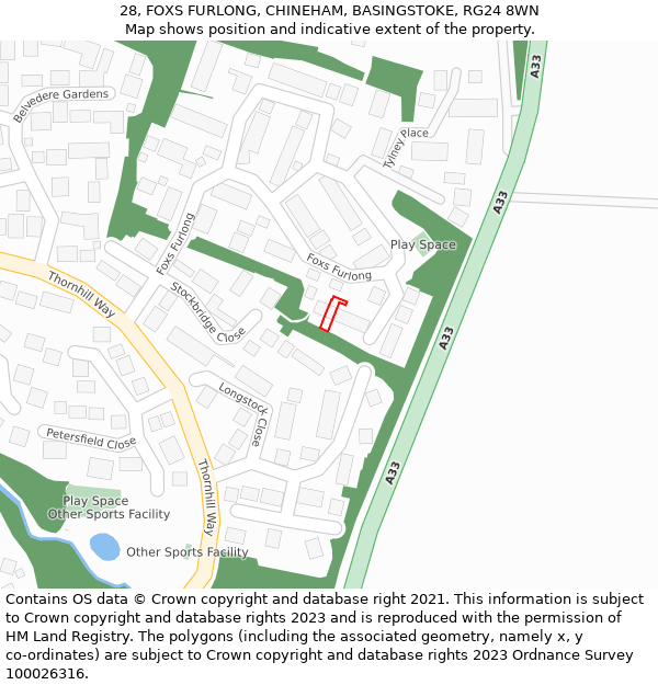 28, FOXS FURLONG, CHINEHAM, BASINGSTOKE, RG24 8WN: Location map and indicative extent of plot