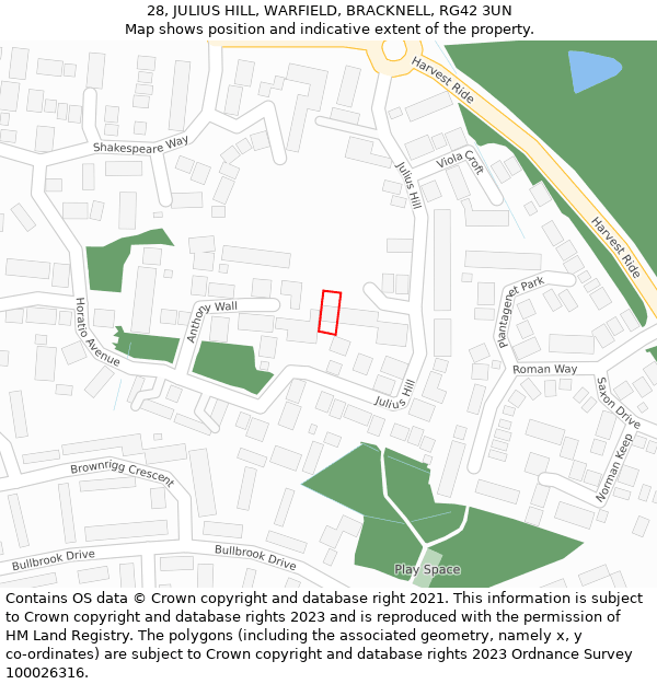 28, JULIUS HILL, WARFIELD, BRACKNELL, RG42 3UN: Location map and indicative extent of plot