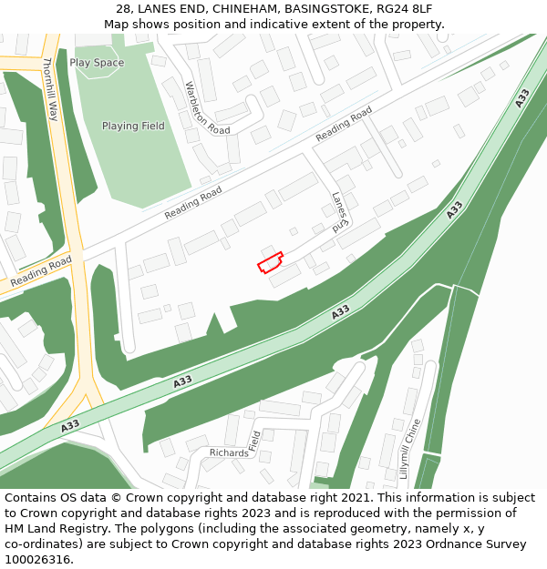 28, LANES END, CHINEHAM, BASINGSTOKE, RG24 8LF: Location map and indicative extent of plot