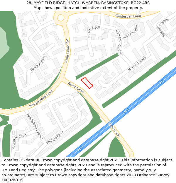 28, MAYFIELD RIDGE, HATCH WARREN, BASINGSTOKE, RG22 4RS: Location map and indicative extent of plot