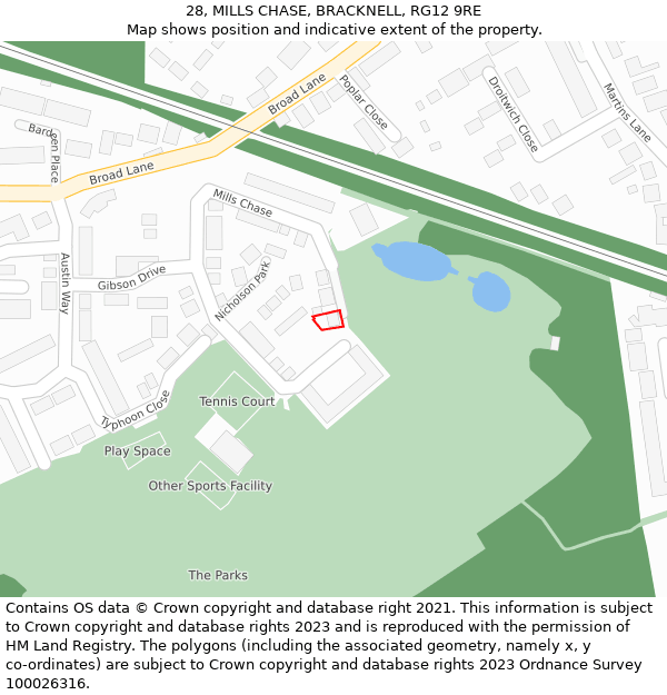 28, MILLS CHASE, BRACKNELL, RG12 9RE: Location map and indicative extent of plot