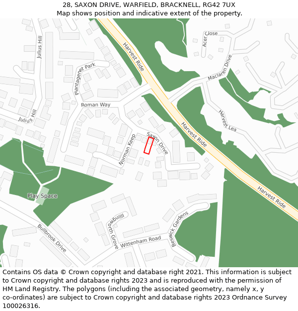 28, SAXON DRIVE, WARFIELD, BRACKNELL, RG42 7UX: Location map and indicative extent of plot