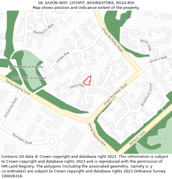 28, SAXON WAY, LYCHPIT, BASINGSTOKE, RG24 8SA: Location map and indicative extent of plot