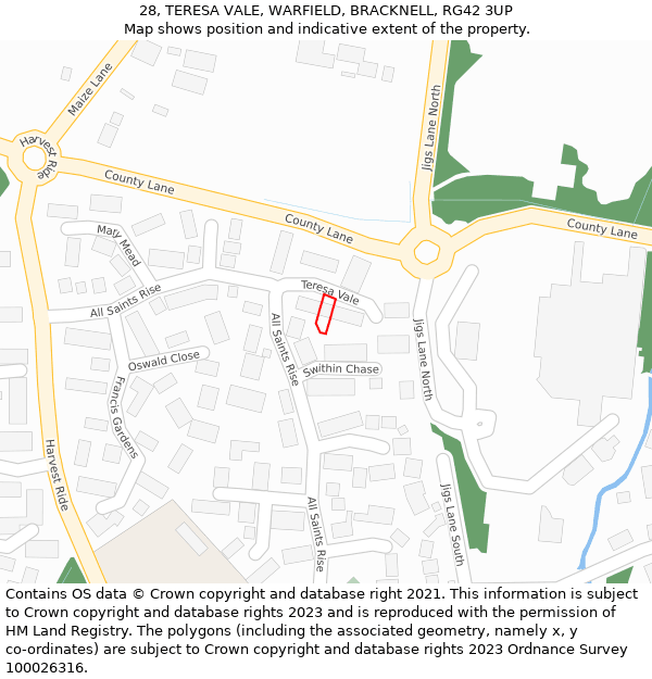 28, TERESA VALE, WARFIELD, BRACKNELL, RG42 3UP: Location map and indicative extent of plot