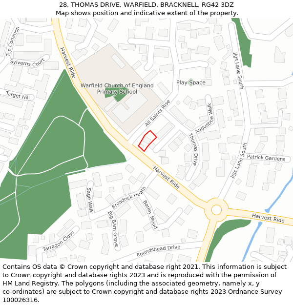 28, THOMAS DRIVE, WARFIELD, BRACKNELL, RG42 3DZ: Location map and indicative extent of plot