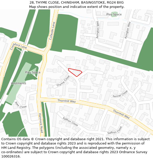 28, THYME CLOSE, CHINEHAM, BASINGSTOKE, RG24 8XG: Location map and indicative extent of plot