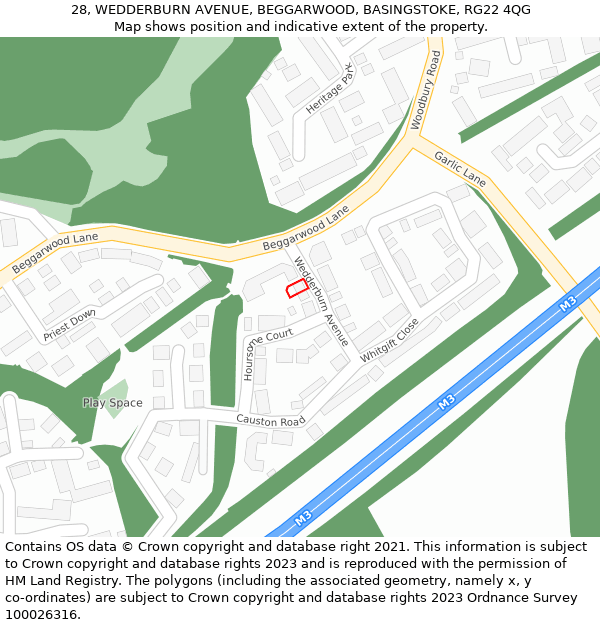 28, WEDDERBURN AVENUE, BEGGARWOOD, BASINGSTOKE, RG22 4QG: Location map and indicative extent of plot