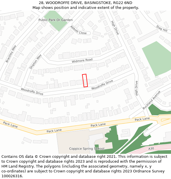 28, WOODROFFE DRIVE, BASINGSTOKE, RG22 6ND: Location map and indicative extent of plot