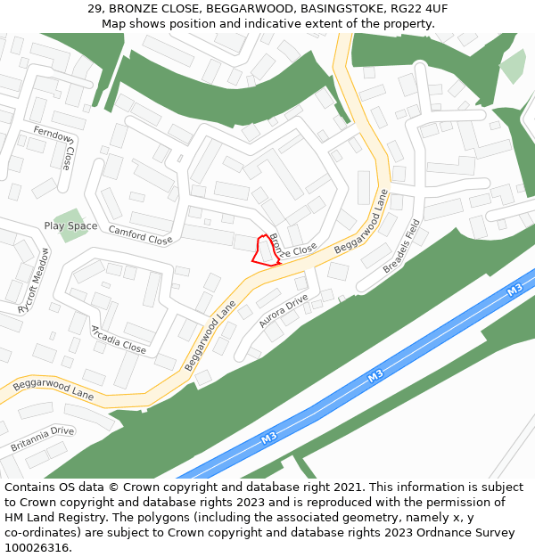 29, BRONZE CLOSE, BEGGARWOOD, BASINGSTOKE, RG22 4UF: Location map and indicative extent of plot