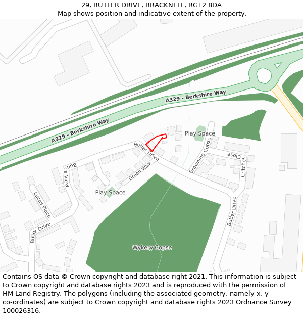 29, BUTLER DRIVE, BRACKNELL, RG12 8DA: Location map and indicative extent of plot