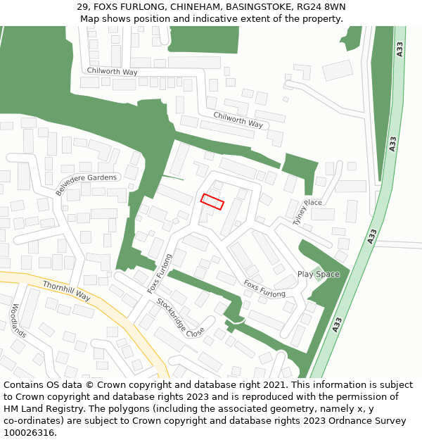 29, FOXS FURLONG, CHINEHAM, BASINGSTOKE, RG24 8WN: Location map and indicative extent of plot