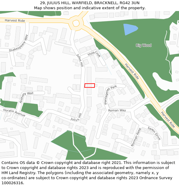 29, JULIUS HILL, WARFIELD, BRACKNELL, RG42 3UN: Location map and indicative extent of plot