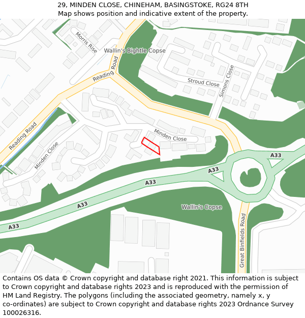 29, MINDEN CLOSE, CHINEHAM, BASINGSTOKE, RG24 8TH: Location map and indicative extent of plot