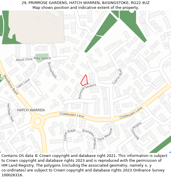 29, PRIMROSE GARDENS, HATCH WARREN, BASINGSTOKE, RG22 4UZ: Location map and indicative extent of plot