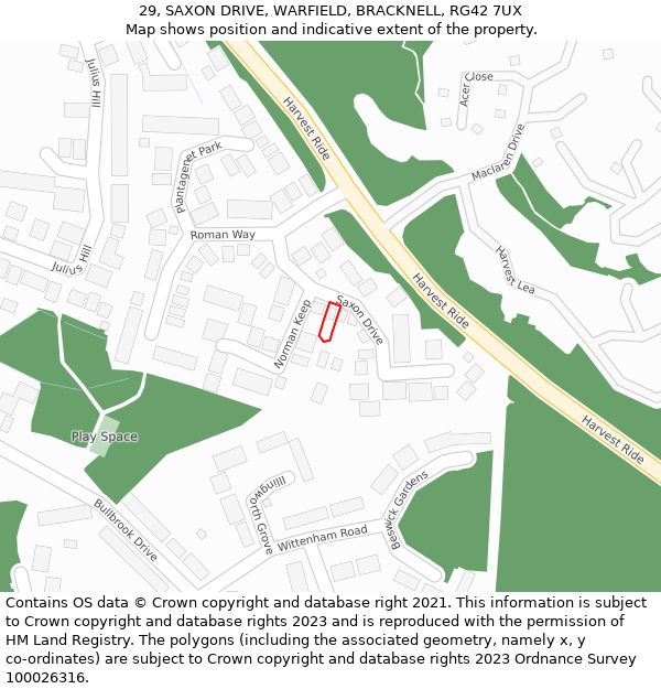 29, SAXON DRIVE, WARFIELD, BRACKNELL, RG42 7UX: Location map and indicative extent of plot