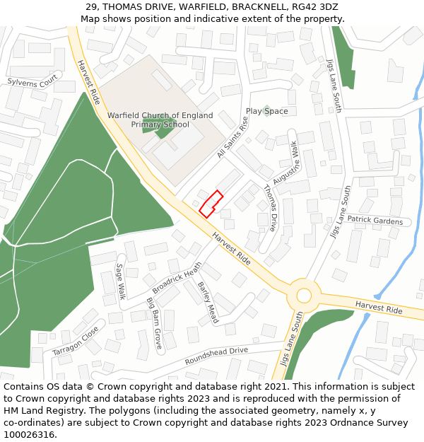 29, THOMAS DRIVE, WARFIELD, BRACKNELL, RG42 3DZ: Location map and indicative extent of plot