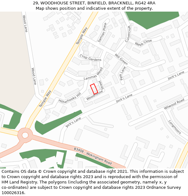 29, WOODHOUSE STREET, BINFIELD, BRACKNELL, RG42 4RA: Location map and indicative extent of plot