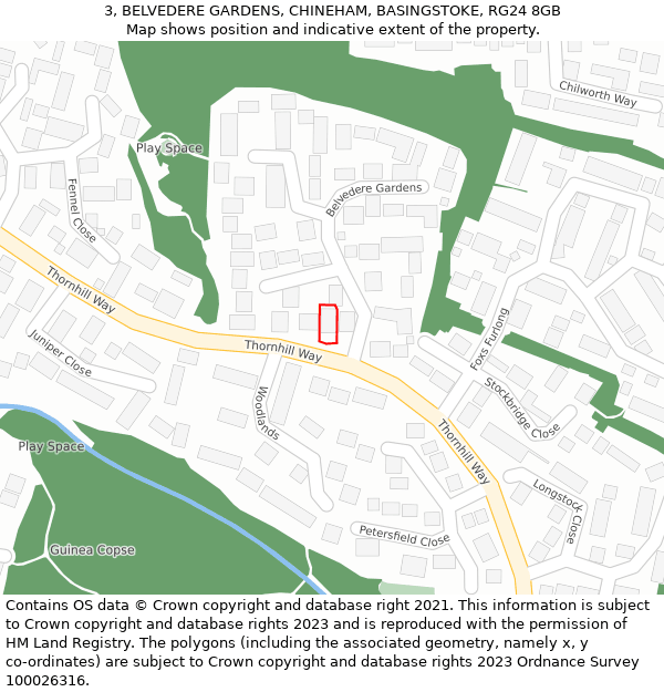 3, BELVEDERE GARDENS, CHINEHAM, BASINGSTOKE, RG24 8GB: Location map and indicative extent of plot