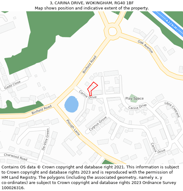3, CARINA DRIVE, WOKINGHAM, RG40 1BF: Location map and indicative extent of plot