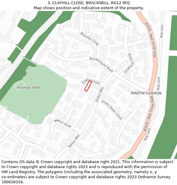 3, CLAYHILL CLOSE, BRACKNELL, RG12 9FQ: Location map and indicative extent of plot