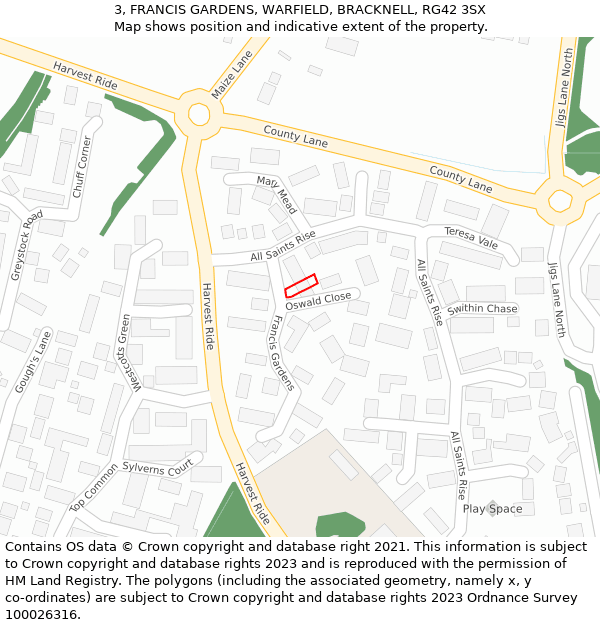 3, FRANCIS GARDENS, WARFIELD, BRACKNELL, RG42 3SX: Location map and indicative extent of plot