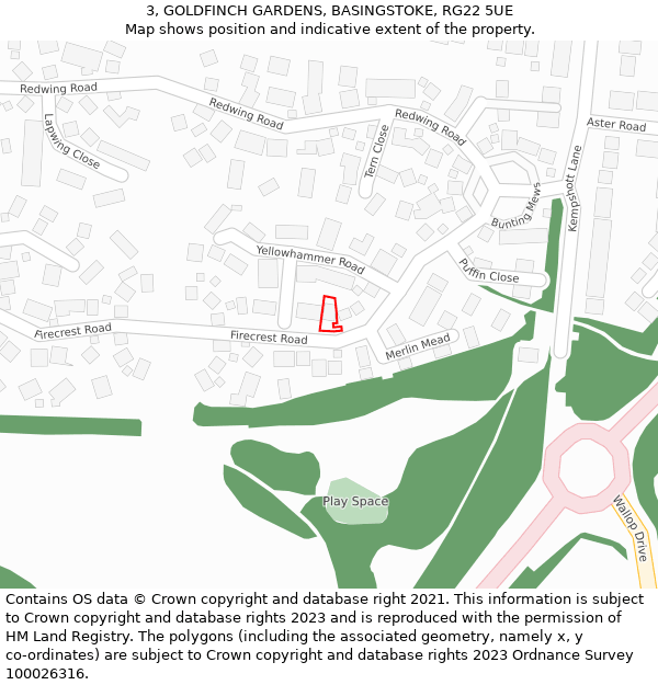 3, GOLDFINCH GARDENS, BASINGSTOKE, RG22 5UE: Location map and indicative extent of plot