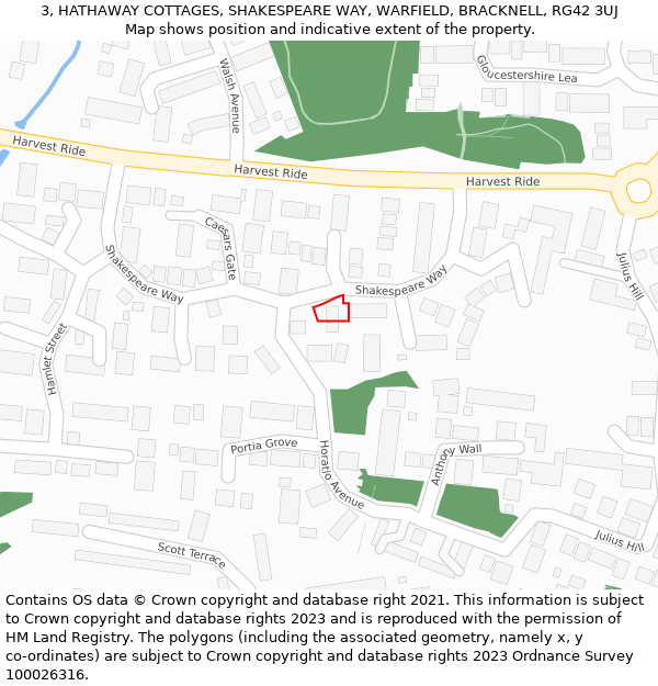 3, HATHAWAY COTTAGES, SHAKESPEARE WAY, WARFIELD, BRACKNELL, RG42 3UJ: Location map and indicative extent of plot